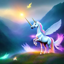  surreal illustration of a unicorn on luminous landscape, realistic, unicorn with glowing wings, glowing soft and smooth wings, shadow, highly detailed, intricate patterns on wings, soft studio lighting, smooth dark blue background 64k