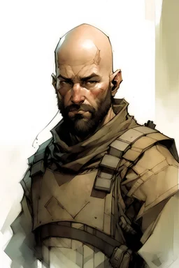 A bald rugged soldier with a short thick black beard wearing simple armor art style Alex Maleev