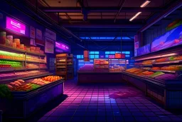 A trendy urban indoor supermarket at dusk, with graffiti art, purple background, cozy fresh goods, and string lights creating a magical and inviting ambiance. humans