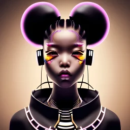 Tokyo girl 5 years old. Afro. Pretty rounded face. Piercings. Headphones.Tattoo in face. Intense look. Glowing eyes. Make Up. Geisha mask. Photorealistic. Real light. Kiyoe. Japanese esthetic. Retrofuture. Hip hop. Black panther. Textile texture Detail. Bubble jacket irisdescent. Eyeliner. Guettoblaster. Real reflexion