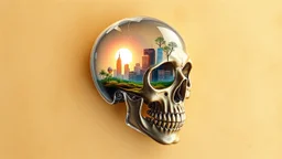 old worn paper, plain contrast background, crystal transparent Skull with city and plants inside, backlight inside, 8K, high detail, hyperrealism, high resolution, bright colors, ART illustration