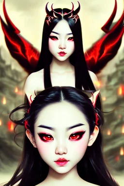 Beautiful devil asian girl with devil horns on her head, with brown eyes, detailed, looking at the camera, princess