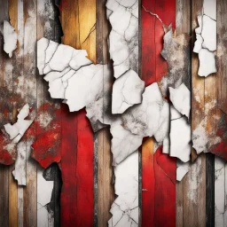 Hyper Realistic red, brown, black, golden & white grungy multicolored broken wooden planks with rustic marble texture & vignette effect