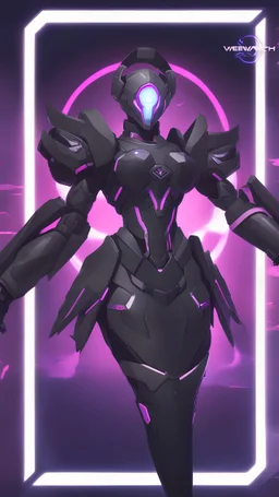 A close picture to Ramattra nemesis form in overwatch art style with black color and neon purple details