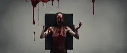 a faceless woman covered in blood holding up an empty black box