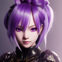 Detailed cute anime Kunoichi girl, purple hair buns, purple bangs, black latex bodysuit, intricate details, full body portrait, keep head in frame, slight smile, black Japanese motif, concept art, highly detailed, digital painting, concept art, sharp focus, illustration, art by Yoji Shinkawa, WLOP and greg rutkowski and alphonse mucha and artgerm and yanjun Chen and Junji ito and Makoto Shinkai, HDR, octane render