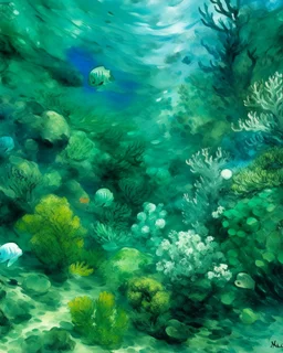 A bluish green underwater coral reef with globs painted by Paul Cezanne