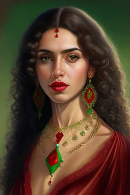 A beautiful Arab woman with white skin, brown hair, long curly hair, red cheeks and lips, wearing an elegant red dress from the Victorian era, wearing a necklace and earring made of green sapphire and gold