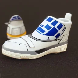 star wars r2d2 sneaker, 35mm camera, magazine advertisement, realistic shot 3/4 view from the lateral front