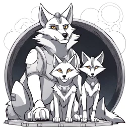 front in picture an of little dark brown catlike creature with big ears, big eyes stands medium close and looking an anthropomorphic wolf couple sitting on the spaceship's ramp close together, the pale gray body hair female wolf sits behind strong male wolf and touths one paw on the dark gray body hair man wolf's shoulder, raini day, on ramp a little piece of meat lies down, high contrast, high detalied, high realistic, in background detail of an angular spaceship visible. Rain, 3d realistic art