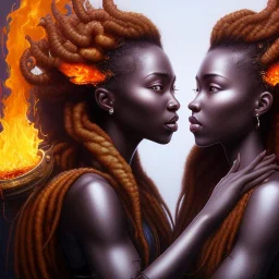 3D. Detailed Painting .realistic. Dark skin women. Beautiful. the faces of two young black women. Warm. Fire nymphs emerging from the flames.red.. Energy. Focus. THeir hair looks like smoke .smoke curling. Dreadlocs. Their skin is the colour of charcoal . Their hair moves like smoke. . their clothing is made of flames, red. Orange. Yellow. White and gold