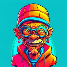 beautiful abstract caricature of a NFT character upper body. move away from camera. big teeth, short neck, straight facing. Colored. Dressed in Urban random color clothes like shirts, t-shirts, jackets.. solid color background, strong focus, strong contrast, Don't reflect light on the character. No shiny eyes. add random prop like glasses, hat, cap, headband, jewelry. Shrink the character to maximum of 50% of the original size