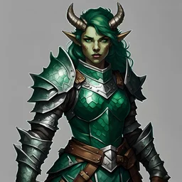 dnd, female dragonborn, emerald color, plate armor