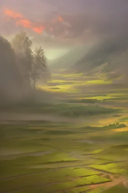 Oil painting, a vast green village where rain falls and turns anything it touches into gold