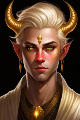 young man tiefling with white blonde hair and gold jewelry, wearing white and gold, demon eyes