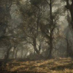 haunted, forest, 4k, 8k, highly detailed, cinematic, ultra photorealistic, volumetric lighting, sharp details, trees, depth of field, sun shafts, sunset, wide view