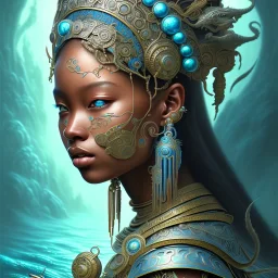 Sango fantasy, fantasy magic, intricate, sharp focus, illustration, highly detailed, digital painting, concept art, matte, art germ and Paul Lewin and Kehinde Wiley, masterpiece Aztec princess dancer head bronze feather's' Asian African girl nice breast Thai hair turquoise silver blue under water