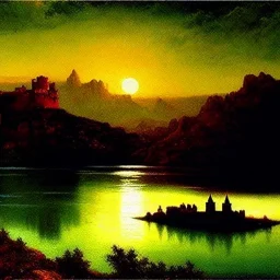 Drawing of 'Medieval Romanian Castle',mountain,lake,full moon, by gaston bussiere, greg rutkowski, yoji shinkawa, yoshitaka amano, tsutomu nihei, donato giancola, tim hildebrandt, oil on canvas, cinematic composition, extreme detail,fit full head inside picture,16k