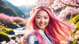 Portrait of a gorgeous smiling asian goddess with a golden taned skin, long smooth pink hair, blue eyes, in a sci-fi outfit with luminous strikes in a hill of flowers with sakura trees, a small torrent, loads of mini flowers, moss, sun rays through the branches, particles in the air at spring