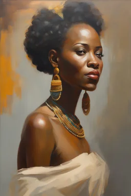 oil painting, in Piet Hein Eek style, ((best quality)), ((masterpiece)), ((realistic, digital art)), (hyper detailed), Upper body Portrait painting of an African Queen, in artistic pose, painted by Peter Wileman
