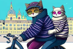 One single cat wearing jeans and sweater, riding on a bike in Vienna, perfect iris, manga style, cute