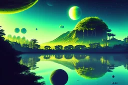 Alien landscape with forest, exoplanet, boat, exoplanet in the sky, Lagoon reflection vegetation, sci-fi, concept art, movie poster, cinematic