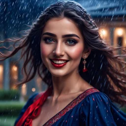 Hyper Realistic Photographic Close-Up View Of A Beautiful Young Pashto Woman With Beautiful Eyes Lips & Nose (Wearing Beautiful Navy-Blue Frock Decorated With Red-Ribbons On It Her Frock & Her Beautiful Long Hair Whirling In Air) Happily Whirling & Smiling Outside A Fancy Navy-Blue Mansion Heavy Rainfall Night with Thunderstorm Showing Dramatic & Cinematic Ambiance.