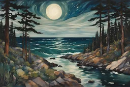 Painting of a lush coastal cedar forest along a rocky Pacific shore, beneath a star strewn summer night sky, in the Expressionist style of Egon Schiele, Oskar Kokoschka, and Franz Marc, in muted natural colors