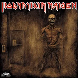 in the style of Iron maiden cover art, I was waiting, in the dark cell, when the bell begins to chime, rejected by my past life