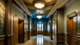 A room where doors lead to different historical eras and the ceiling is an inverted ocean.