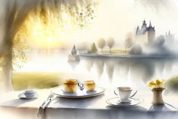 Brunch breakfast on an elegant table in the garden in the background, Castle on the Loire, lake, reflection, sunrise, Misty morning smooth intricate high definition beautiful lighting pencil sketch watercolor polished warm light