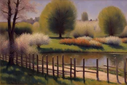 amazing sunny spring day, trees, flowers, fence, little pond, gustave caillebotte impressionism painting