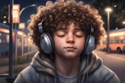 Realistic hair, Curly haired boy, eyes closed, with headphones on sitting at the bus stop at night, street light overhead, with tranquil smirk on his face