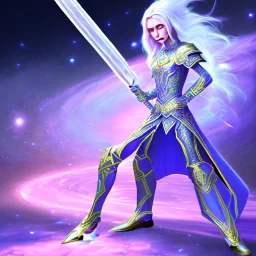 cosmic mage, elf, male, battle mage, cosmic sword, epic, cosmic magic, staff, long ears, white hair