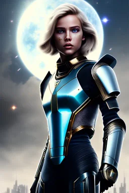 ultrarealistic, ruined city,__sci-fi armor__, __angles__, 18 year old woman, cyborg eye, strikingly beautiful, blonde hair, _colour_, [__starlets__|__starlets__], (pale __skincolor__ skin:1.2), __camera__, _hair_, detailed face and eyes, medium breasts, leather choker, freckles, dynamic pose, resolved expression, __accessory__, strappy outfit, (straps:1.1), sword in scabard on left hip, (buckles, buttons, snaps, rings:1.0), breastplate, detailed eyes, plump lips, sci-fi theme