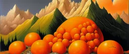 An orange color mountain with spike balls painted by Albrecht Durer