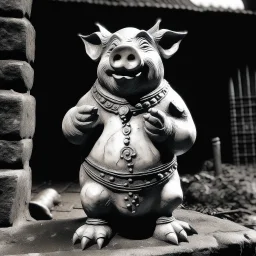 a statuette of a pig-man cult greyscale photo