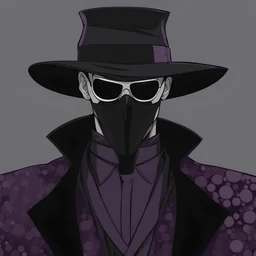 warlock, black hat, black mask with ash purple patterns, black trench coat with ash purple patterns, dark, ominous, ash purple, grey background, profile picture, simplistic design