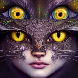 "Insanely detailed photograph of an elaborate beautiful cat goddess intricate glowing skin eyes intricate face hair lashes fur dress hyperdetailed painting by Anna Dittmann Huang Guangjian and Dan Witz CGSociety ZBrush Central fantasy art album cover art 4K 64 megapixels 8K resolution HDR Greek shiny space colours jewelry celestial hair eyes light"