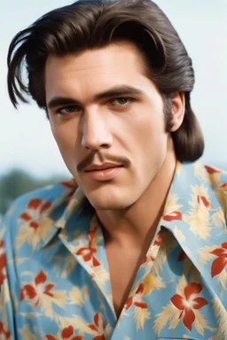 full color Portrait of 18-year-old Elvis Presley with medium length bob-styled brown hair, a mustache, wearing a Hawaiian shirt and Bermuda shorts- well-lit, UHD, 1080p, professional quality, 35mm photograph by Scott Kendall