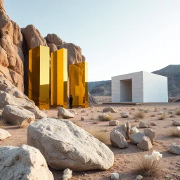 Un'immagine di un paesaggio naturale simile al deserto del Taklamakan, con rocce imponenti accanto a strutture artificiali verticali gialle. Persona. Queste strutture sembrano blocchi rettangolari riflettenti, come colonne di vetro o specchio, che creano un contrasto tra il naturale e l'artificiale. Edificio brutalista si erge solitario. Gesso bianco con venature e solchi. La scena trasmette un senso di dialogo tra elementi organici. Dettagli degli specchi e delle rocce molto accentuati