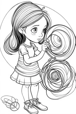 Outline art for coloring page OF A GIRL WITH A TOY SLINKY IN 1950, coloring page, white background, Sketch style, only use outline, clean line art, white background, no shadows, no shading, no color, clear