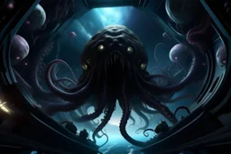 View from a spaceship into a natural event horizon in space with many enormous strange tentacled creatures, with huge mouths, flying around in the black