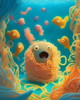 A whimsical stop-motion animation of animal-shaped noodles thriving in a vast underwater world, lively noodle creatures inspired by Mindy Kaling, intricate character designs and flavorful environments, playful interactions and heartwarming friendships, directed by Laika.