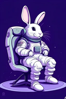 Stwórz obraz: na księżycu stoi biały królik w przebraniu kosmonauty. W ręce ma kask kosmonauty z miejscem na uszy. Strój kosmonauty też jest biały. Niech zamiast oczu ma fioletowe krzesła.