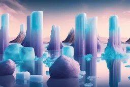 ice blocks, lagoon, seashore, distant futuristic city, epic, sci-fi