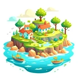 Isla con mar y casas con muchas plantas estilo realista