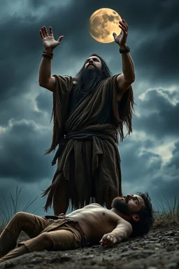 A Stone Age man with long hair and beard wearing an animal skin cloths standing with anger , looking up to the sky , raising both hands up like prayer. His son is laying dead on the ground, A cloudy stormy behind a dim lighting moon ,4k, dramatic scene,