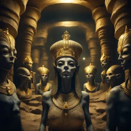 Hyper Realistic aliens wearing crown inside Egyptian catacombs with lots of gold at dark night