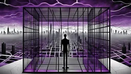 inner stands a human figure alone in an cube like cage with dense bars , in outside around in the distance big landscape with big city and many fade human figures in the city, dark purple, gray, black, white, brown. Whimsical style and surreal vibe, lonely with neuron network background, surreal stunning vibe